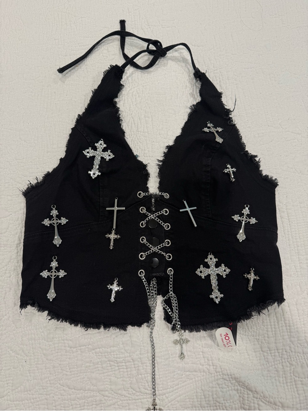 ROMWE Black Lace-Up Halter Crop Top with Silver Cross Accents